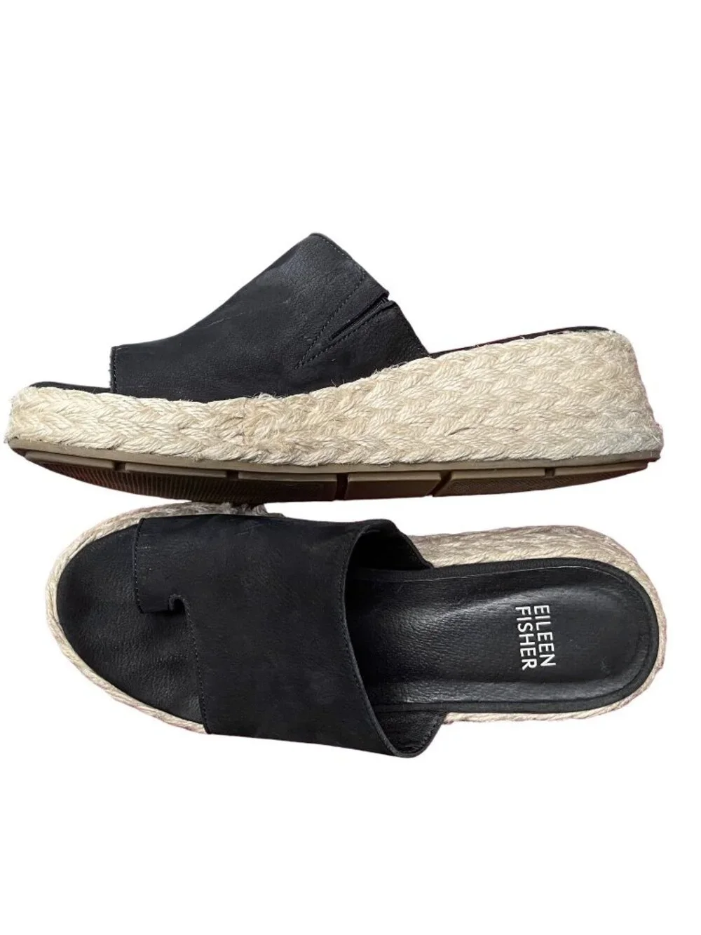 Eileen Fisher Black Tarry Toe Loop Espadrilles Wedge Slide Sandals Women’s 6